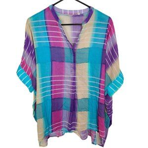 Soft Surroundings Blouse Tunic Top Painterly Plaid Shirt Multicolor Womens M